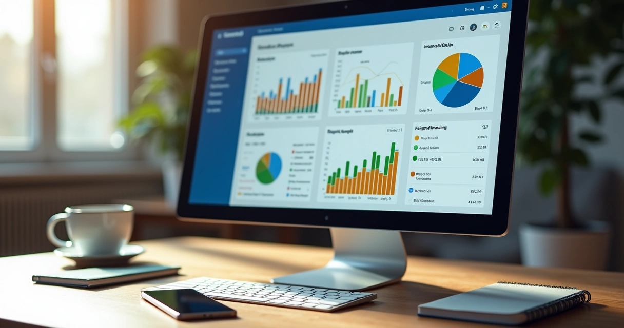 Dashboard financeiro digital com gráficos coloridos mostrando receitas, despesas e metas com interface moderna