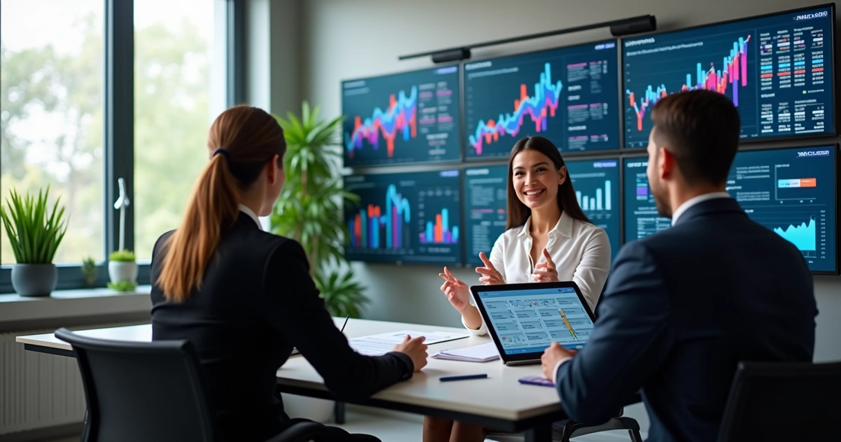 Educador financeiro orientando clientes com gráficos e planilhas em ambiente digital moderno