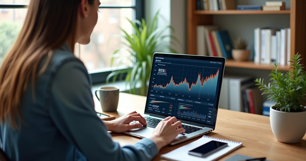 Educador financeiro trabalhando remotamente em laptop com gráficos financeiros na tela, em ambiente moderno e iluminado