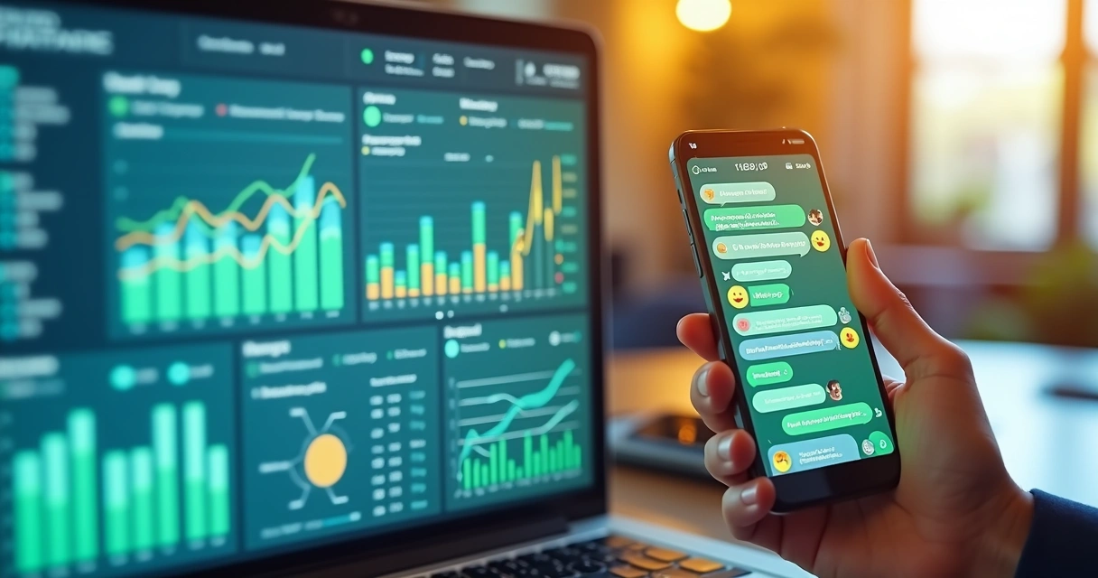 Comparação entre plataforma digital para gestão financeira e grupo ativo de WhatsApp com interface de mensagens e gráficos financeiros