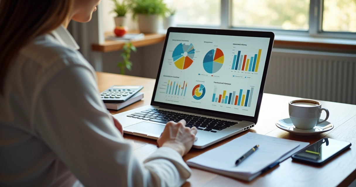 Pessoa organizando finanças em laptop com gráficos e anotações ao redor