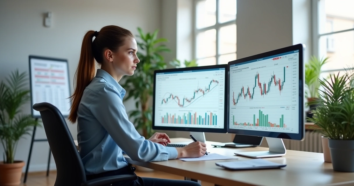 Planejador financeiro trabalhando em escritório moderno com computador e gráficos financeiros na tela