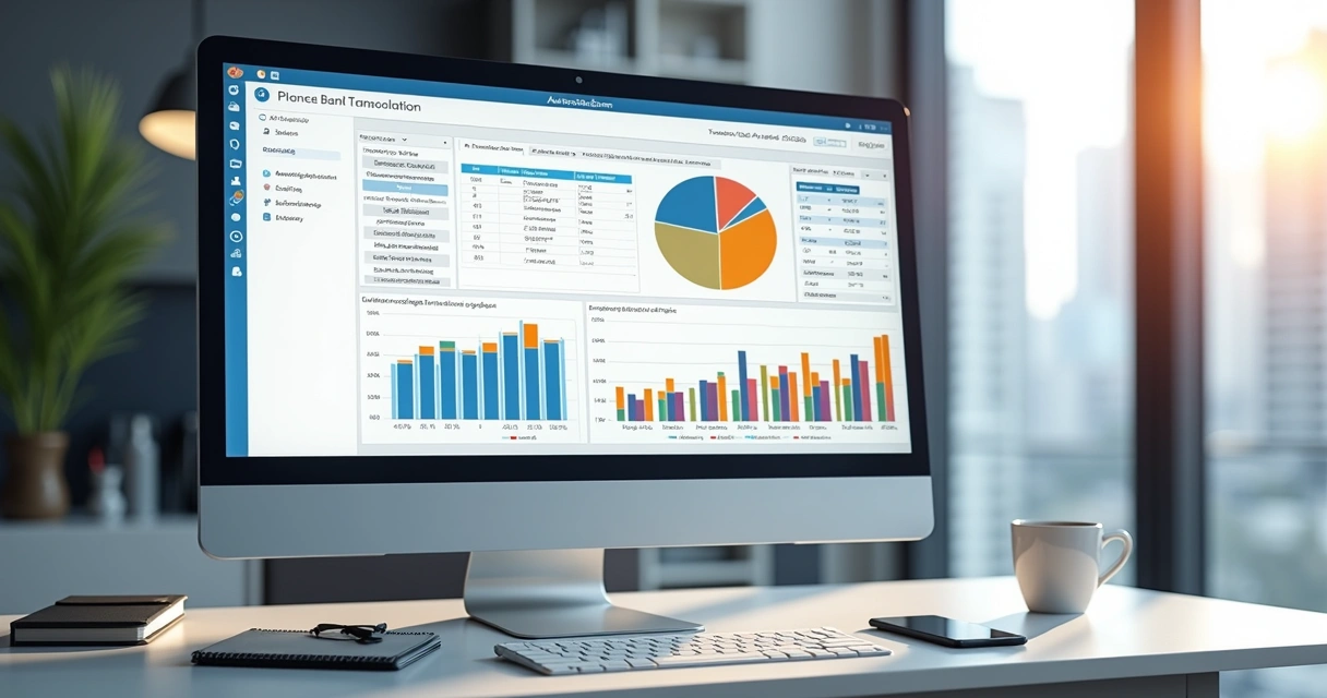 Tela de computador exibindo software de conciliação bancária automática com gráficos financeiros e dados organizados