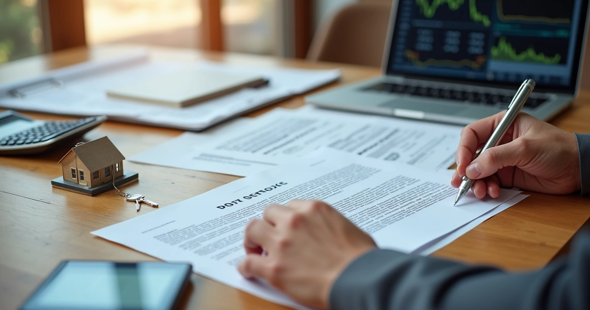 Mãos segurando documentos e contrato de compra de imóvel sobre mesa com calculadora e chave