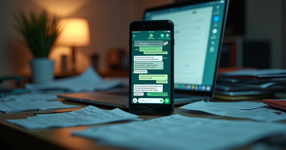 Mesa de trabalho bagunçada com smartphone aberto no WhatsApp mostrando conversas financeiras confusas, papéis espalhados e laptop ao fundo