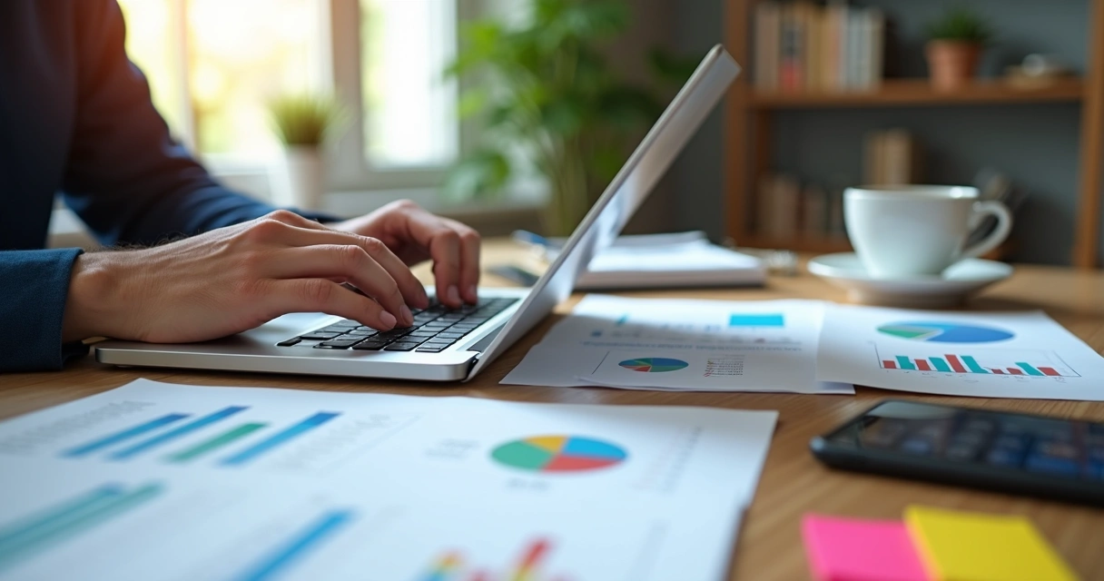 Profissional usando laptop em mesa organizada com gráficos de finanças e anotações de planejamento