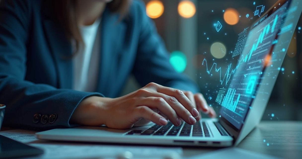 Profissional financeiro atendendo cliente em ambiente digital com gráficos e finanças ao fundo