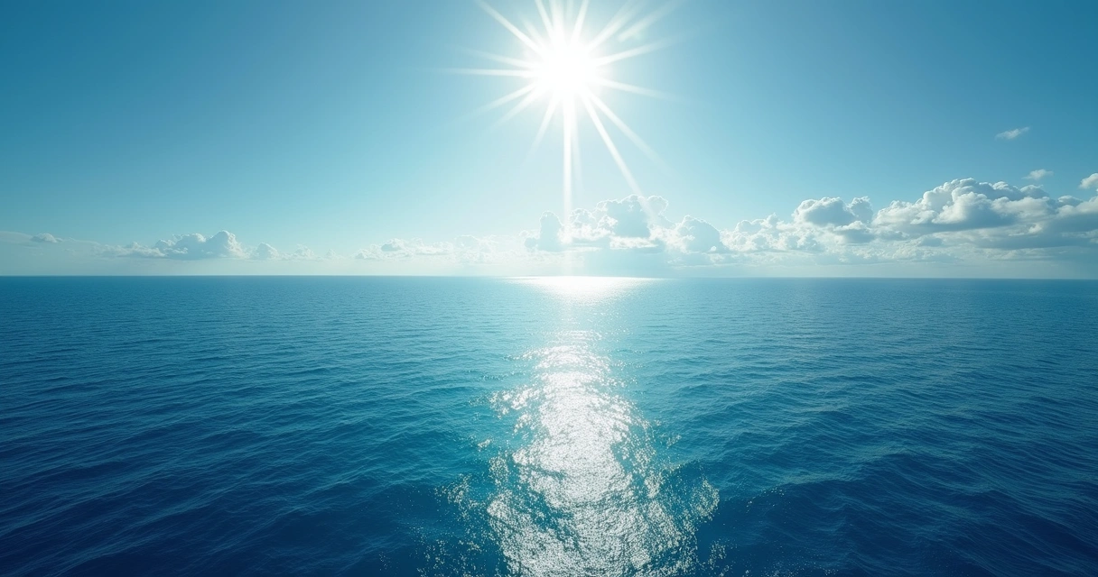 Visão aérea panorâmica de um vasto oceano azul calmo com uma grande onda brilhando ao sol, simbolizando potencial financeiro inexplorado