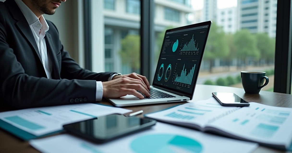 Planejador financeiro trabalhando em notebook com gráficos financeiros na tela