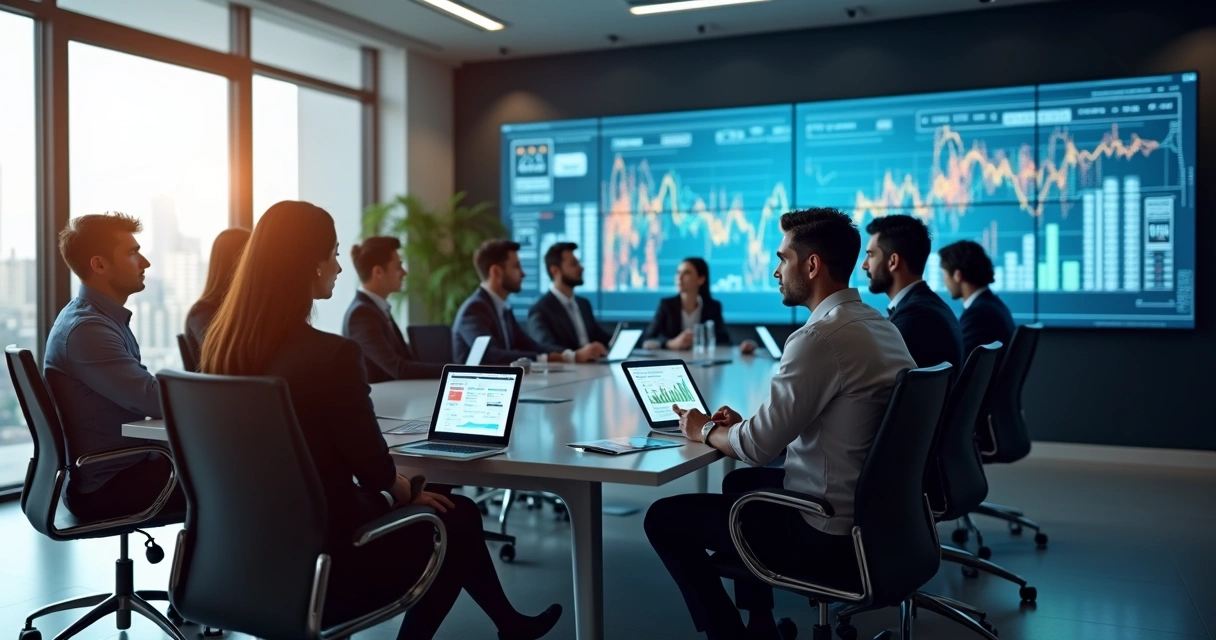 Executivos de nível C e RH em reunião com planejador financeiro em escritório moderno, telas com gráficos e dados financeiros ao fundo