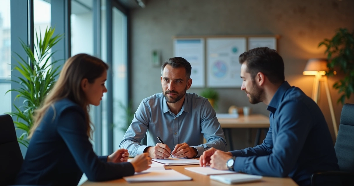 Gerente, AAI e consultor financeiros em ambiente moderno de escritório discutindo estratégias financeiras