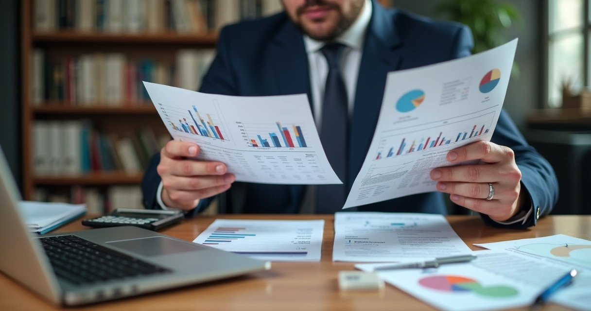Profissional segurando documentos financeiros diante de uma mesa com laptop, calculadora e gráficos de despesas e receitas.