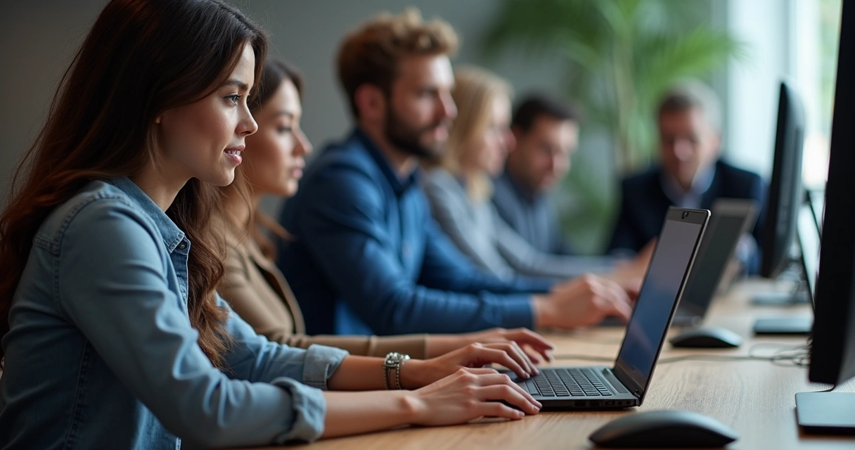 Equipe de RH em reunião com laptops e gráficos financeiros em tela digital