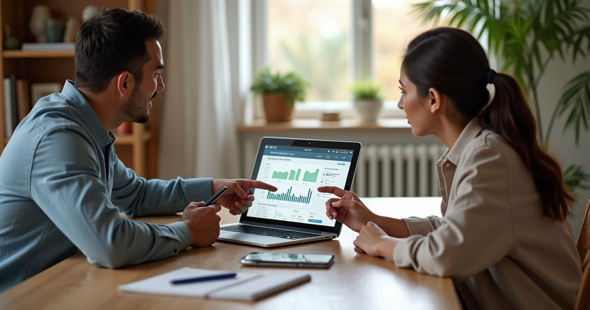Casal sentado à mesa organizando finanças com laptop, cadernos e aplicativos financeiros abertos