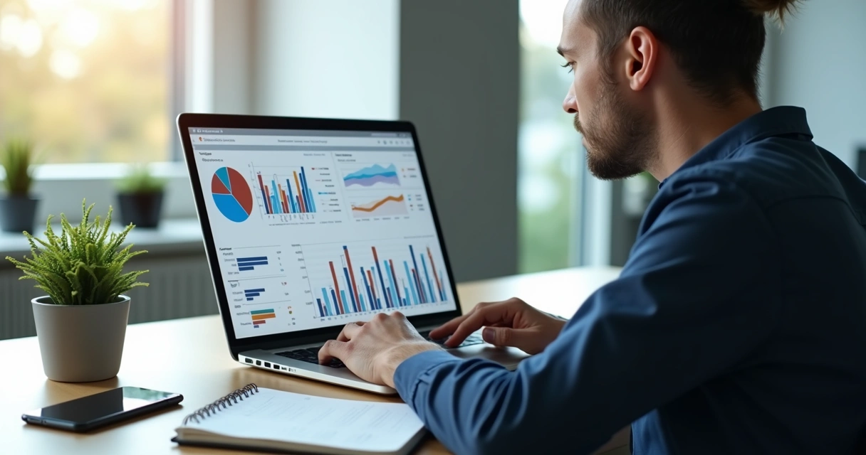Consultor financeiro analisando relatórios financeiros digitais em laptop com gráficos e dashboards na tela