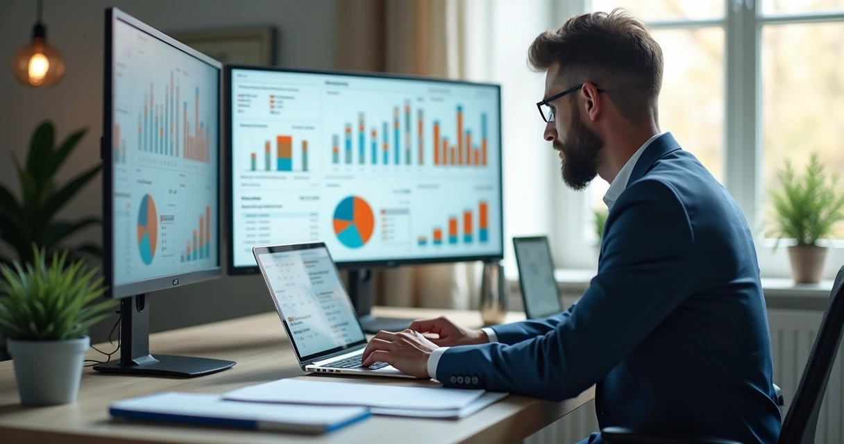 Consultor financeiro utilizando dashboard digital com gráficos e dados financeiros organizados na tela do computador