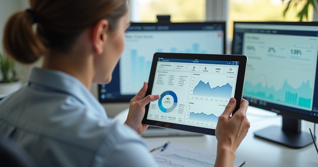 Profissional de finanças usando aplicativo de consultoria financeira com dashboards e integrações bancárias