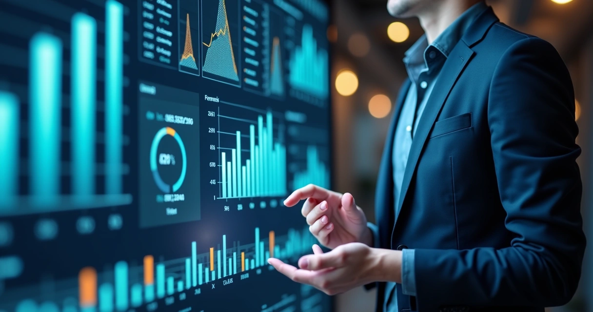 Profissional de consultoria financeira usando plataforma digital com dashboards e gráficos em tela widescreen