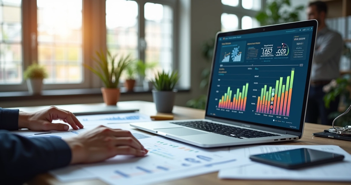Profissional financeiro organizando documentos com laptop e gráficos digitais em escritório moderno e iluminado