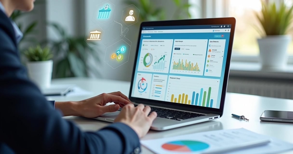 Profissional usando plataforma digital de consultoria financeira com dashboards e gráficos detalhados na tela do notebook