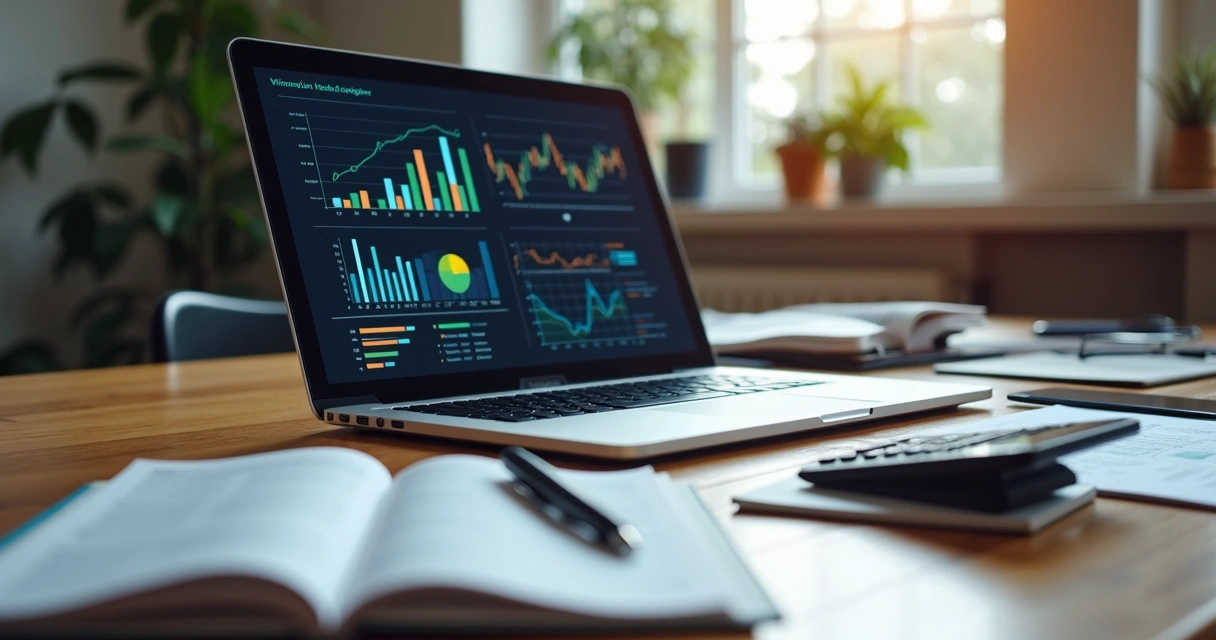 Mesa de trabalho com laptop mostrando gráficos financeiros, calculadora, caderno e caneta ao lado, iluminada por luz natural