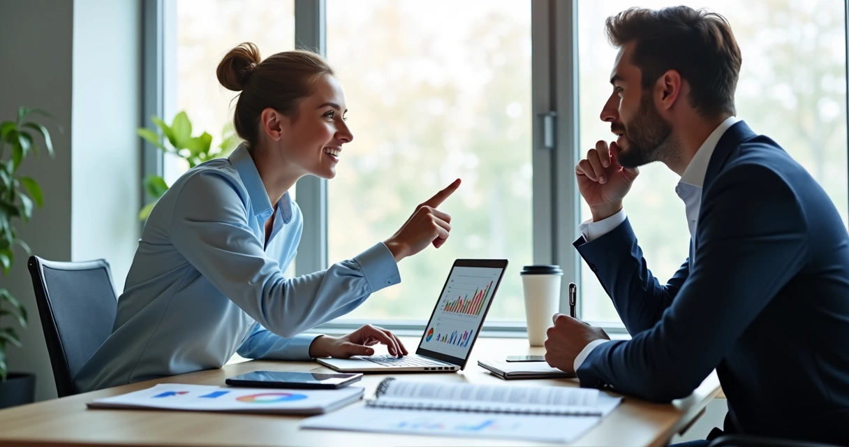Consultor financeiro explicando planejamento para cliente em escritório moderno com laptop e gráficos