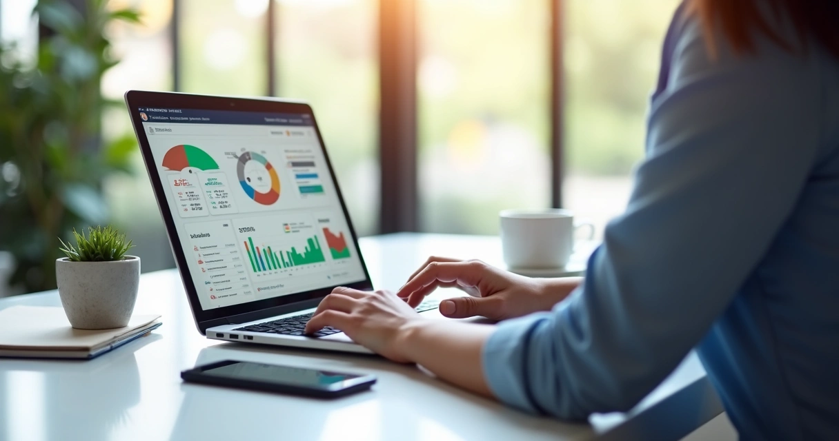 Educador financeiro usando laptop com dashboard financeiro digital ao fundo