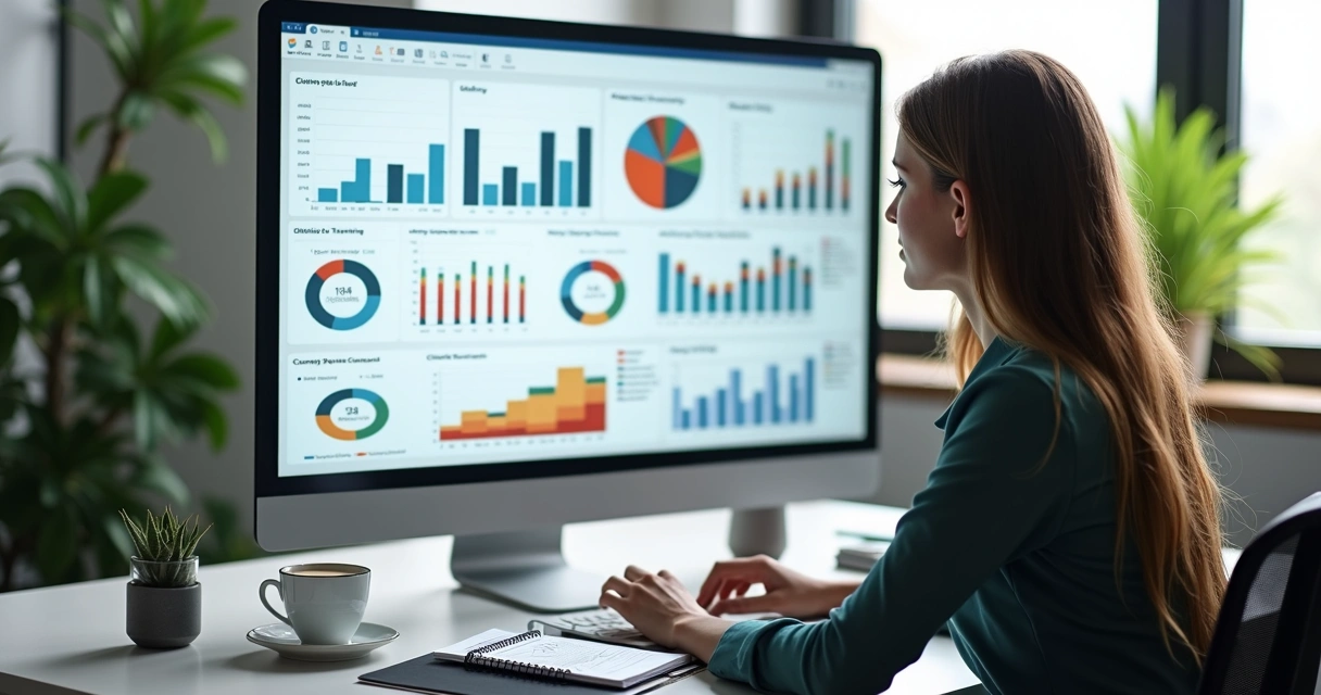 Educador financeiro analisando dashboard com gráficos de ticket médio e relatórios financeiros detalhados