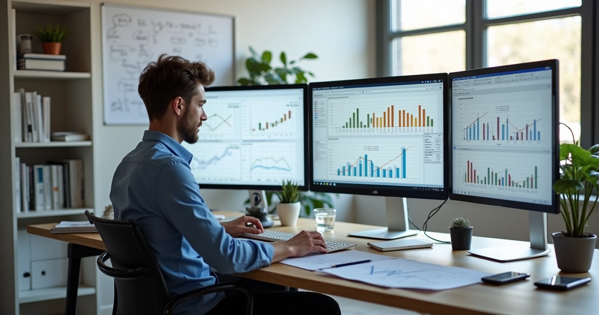 Profissional em ambiente moderno trabalhando em planejamento financeiro no computador com gráficos e anotações