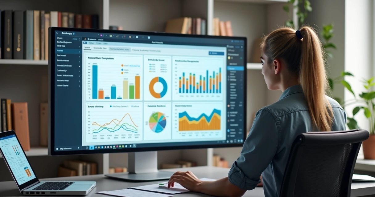 Educador financeiro analisando planejamento orçamentário em tela digital com gráficos e dashboards coloridos