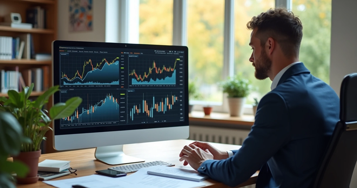 Empreendedor analisando gráficos financeiros e indicadores em tela de computador em escritório moderno
