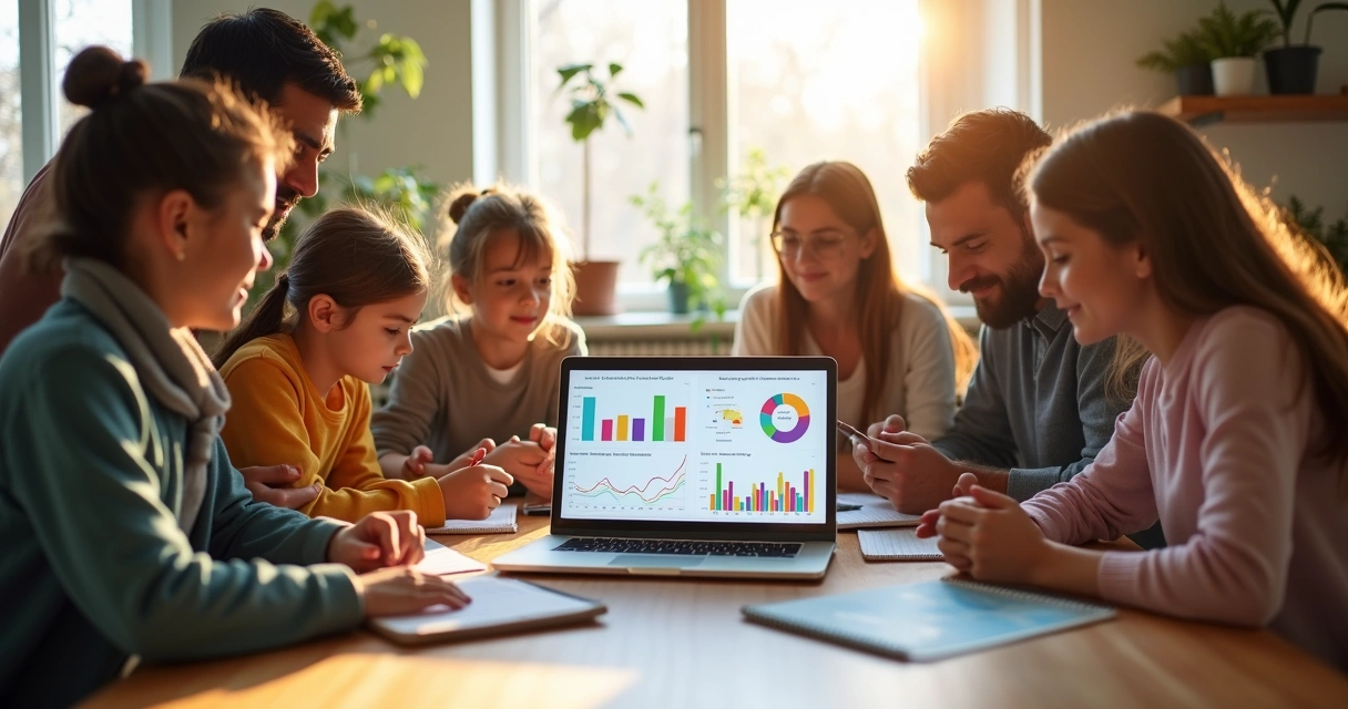Família reunida em volta de uma mesa com laptop e planilha digital, organizando finanças juntos
