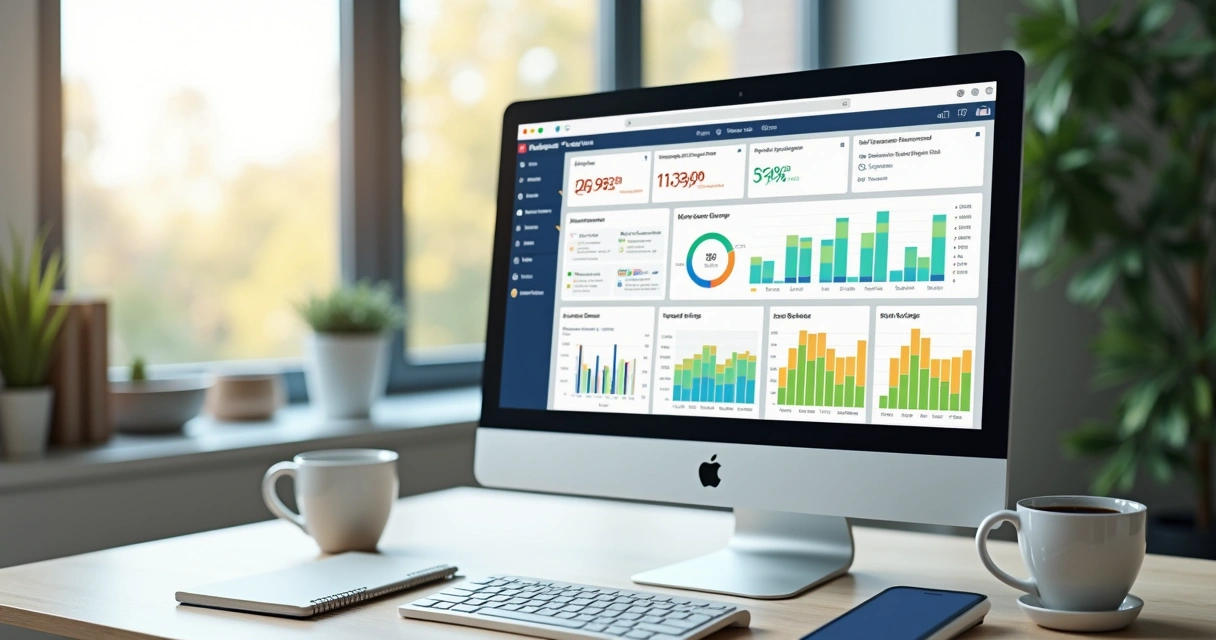 Tela de computador mostrando painel de gestão financeira digital com gráficos, categorias e integração bancária