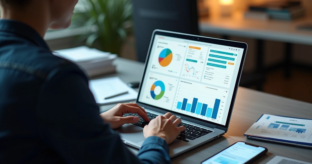 Mentor financeiro usando ferramenta digital em laptop com gráficos e dashboards financeiro visíveis na tela