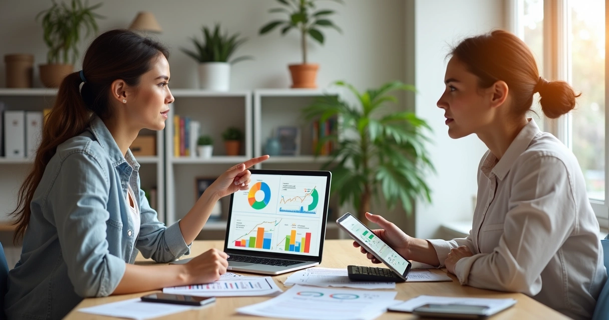 Duas mulheres discutindo planejamento financeiro com gráficos e notebook sobre mesa clara