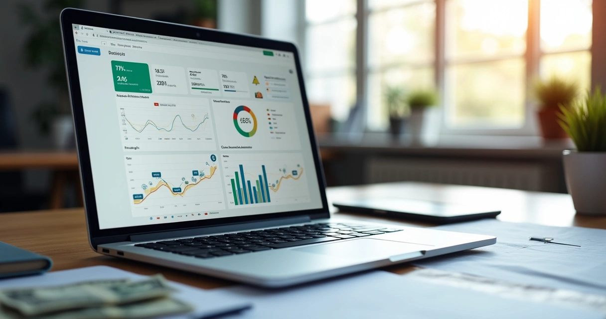 Computador aberto com dashboard financeiro digital mostrando gráficos, automação e análise de dados em ambiente de escritório moderno