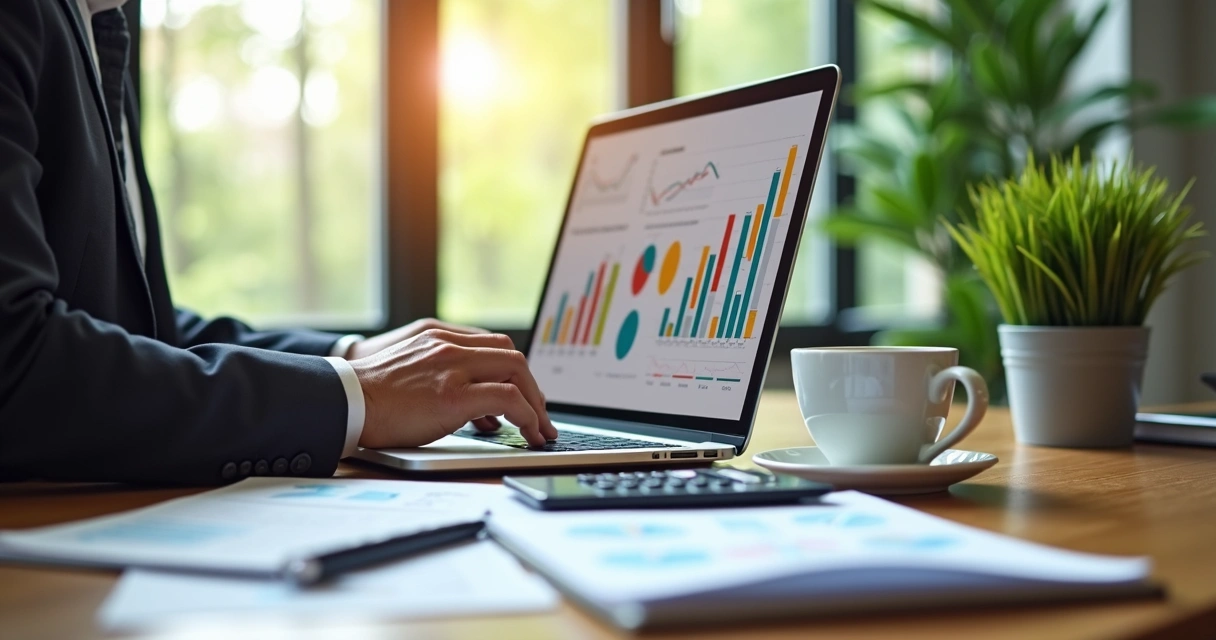 Empresário sentado à mesa com laptop, planilhas financeiras abertas, gráficos coloridos na tela e anotações sobre gestão financeira ao redor