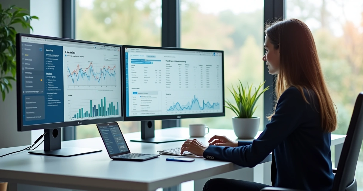 Profissional financeiro analisando gráficos e dados em múltiplas telas digitais em ambiente moderno e iluminado