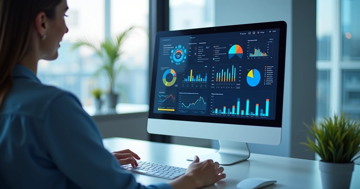 Computador mostrando plataforma digital de gestão financeira com gráficos, interface limpa e integração bancária