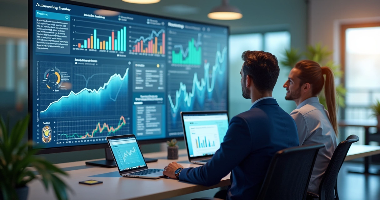 Consultor financeiro e cliente analisando painéis digitais e gráficos em tela grande com foco em tecnologia e comunicação