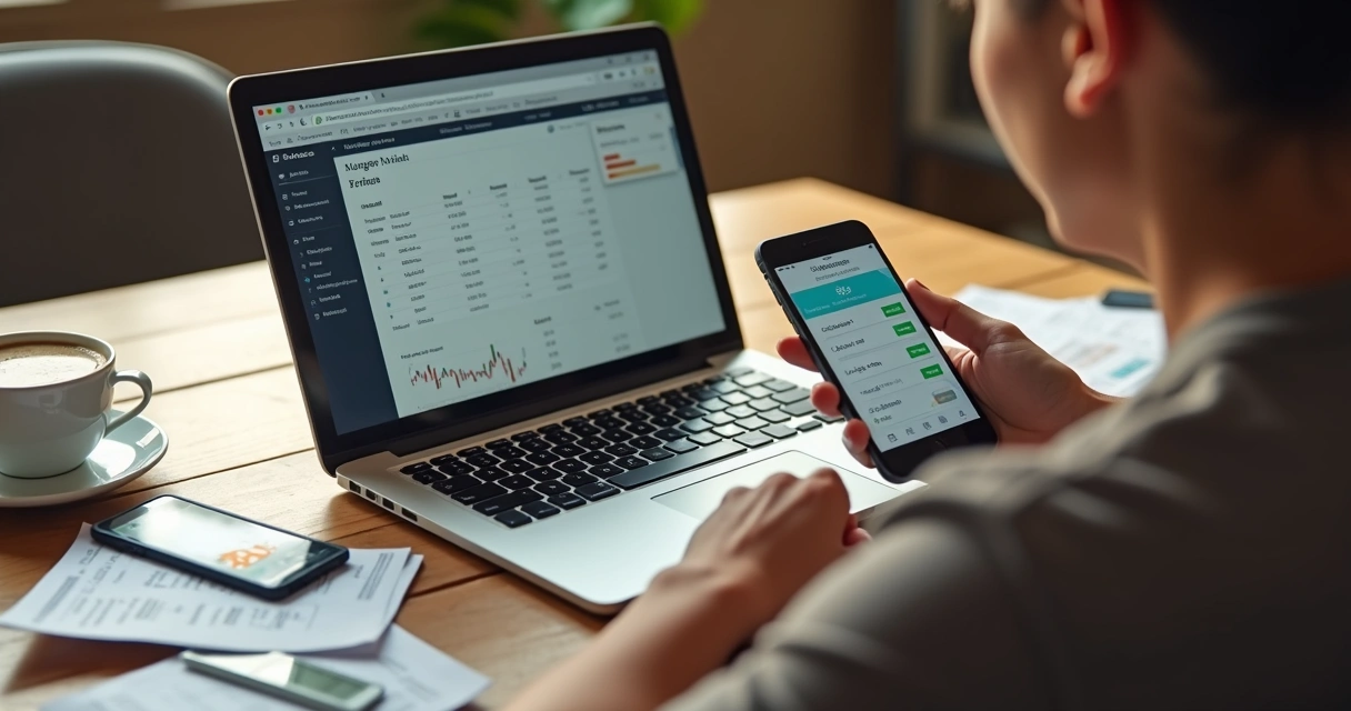 Pessoa organizando finanças com laptop, cartão de crédito e planilha em mesa de madeira