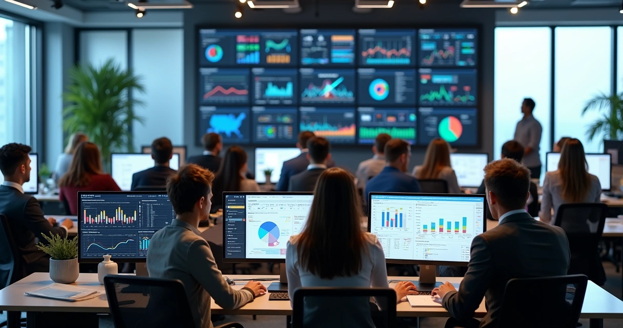Funcionários em escritório moderno analisando gráficos financeiros em computadores