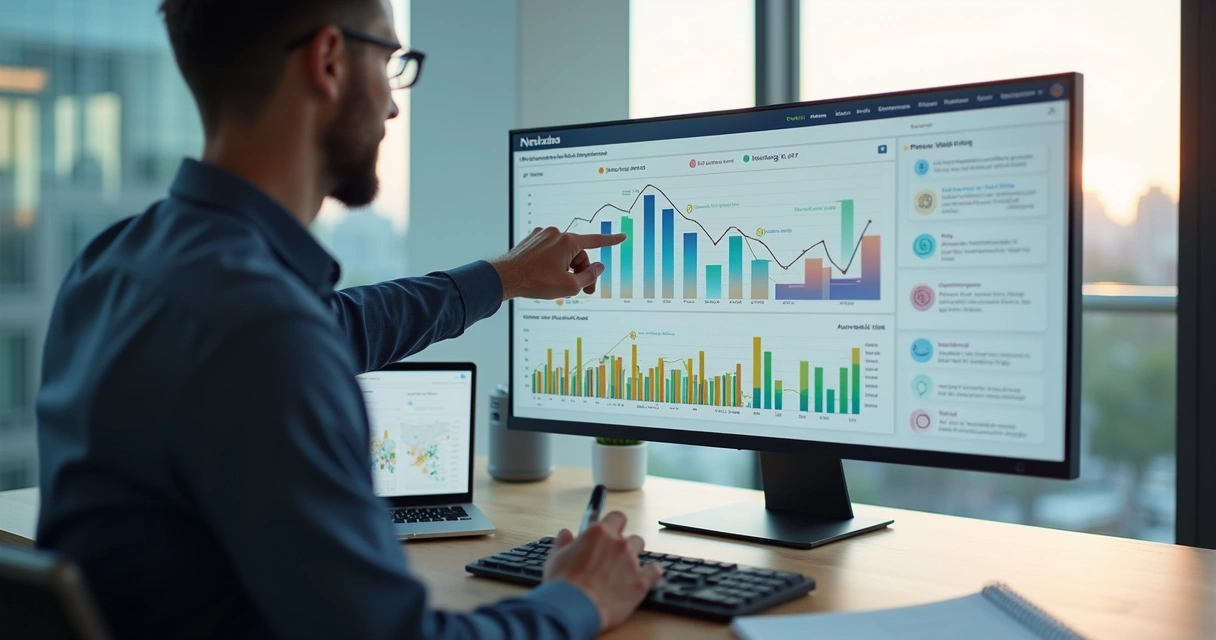 Consultor financeiro analisando painel digital com automação e gráficos em tempo real