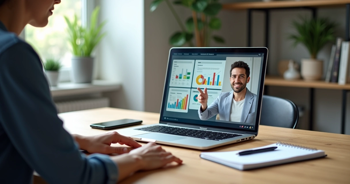 Pessoa em videoconferência com consultor financeiro usando dashboards digitais