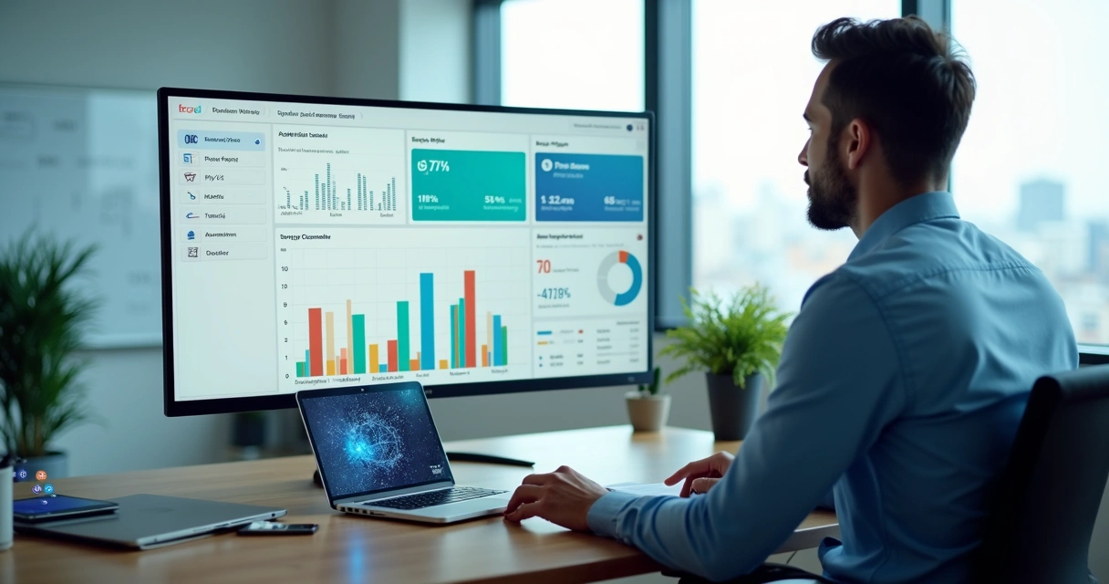 Consultor financeiro analisando dashboard digital com gráficos e dados bancários integrados