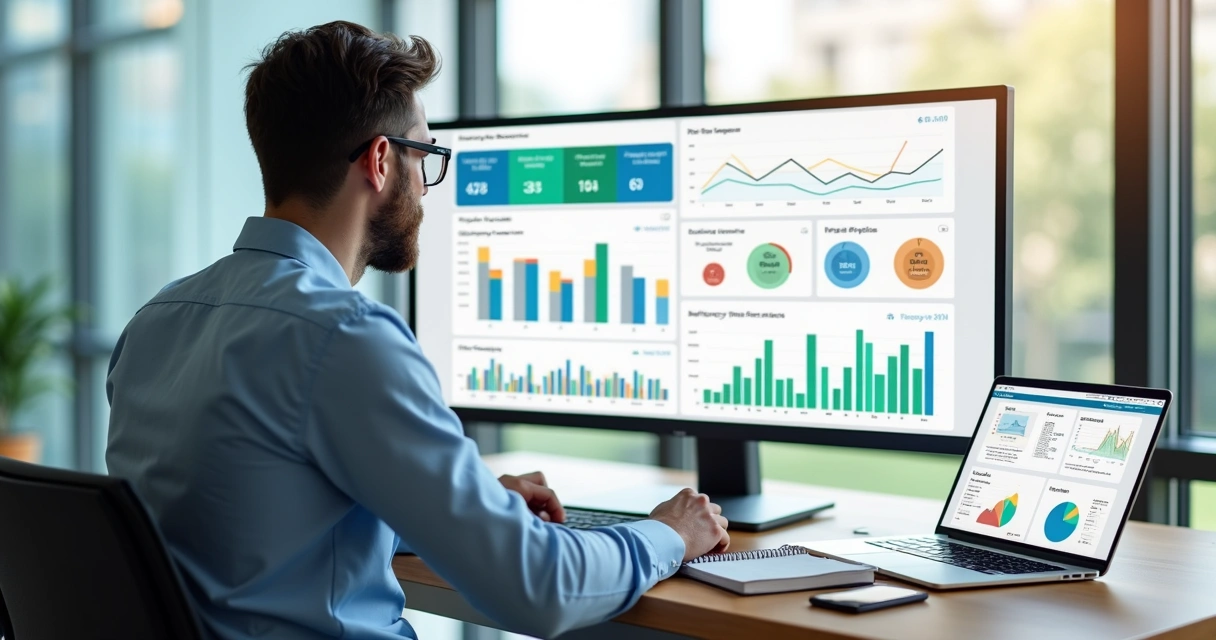 Consultor analisando dashboard financeiro com gráficos e indicadores em tela ampla