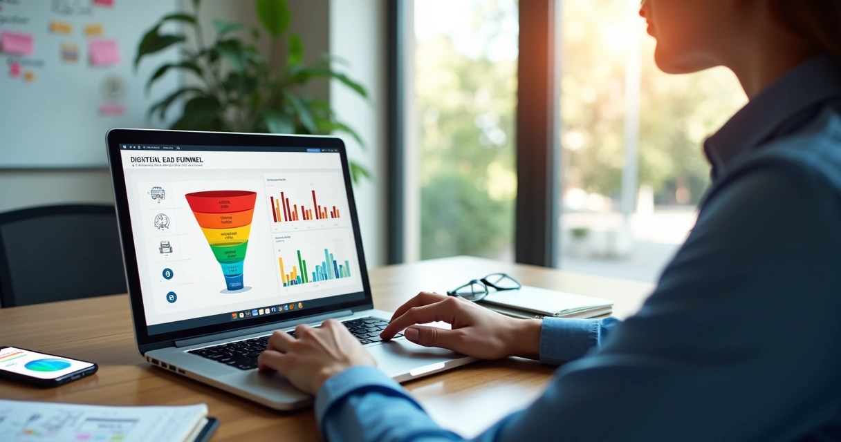 Educador financeiro analisando funil digital de captação de leads na tela do notebook