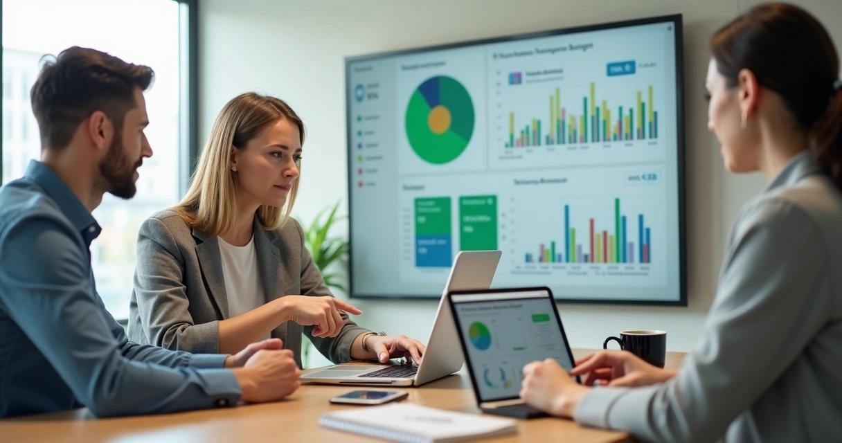 Educador financeiro mostrando dashboard de orçamento para cliente em laptop