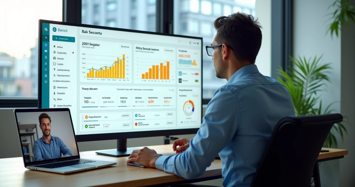 Educador financeiro digital analisando painel financeiro online com cliente