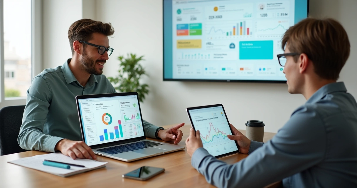 Educador financeiro usando plataforma digital com gráficos e dashboards em reunião com cliente